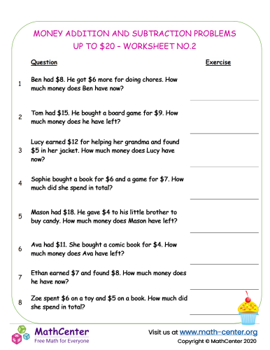Money Addition and subtraction problems up to 20 - worksheet No.2