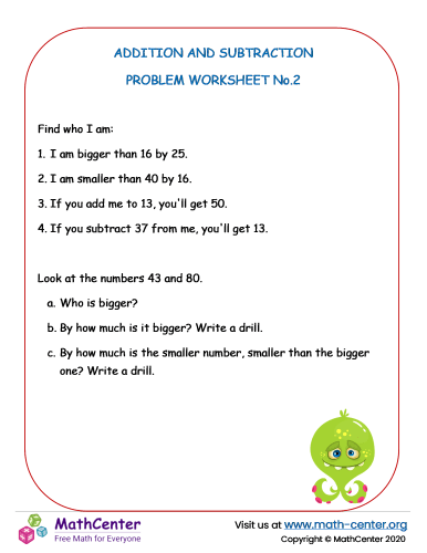 Addition and subtraction problems Worksheet No.2