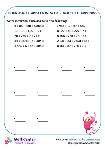 Adding four-digit numbers - multiple addends No.3