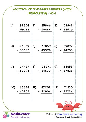 Addition of five-digit numbers (with regrouping) - no.4