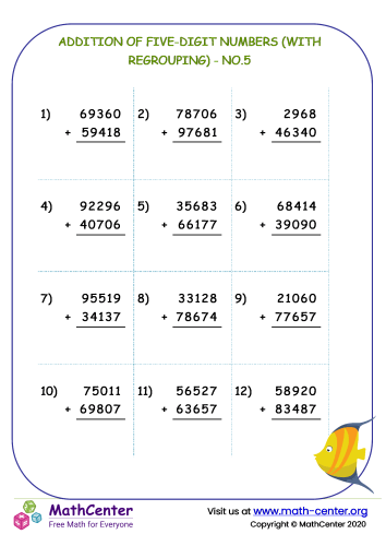 Addition of five-digit numbers (with regrouping) - no.5