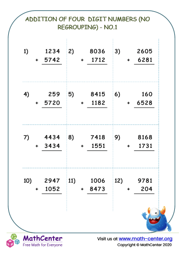 Addition of four digit numbers (no regrouping) - no.1