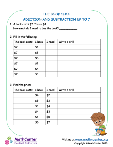 Addition and subtraction up to 7 - Book shop