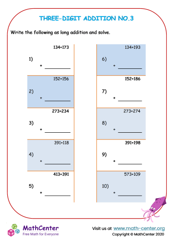 3 digit addition - Worksheet No.3