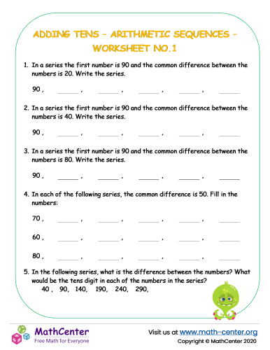 Adding tens – Arithmetic sequences – Worksheet No.1