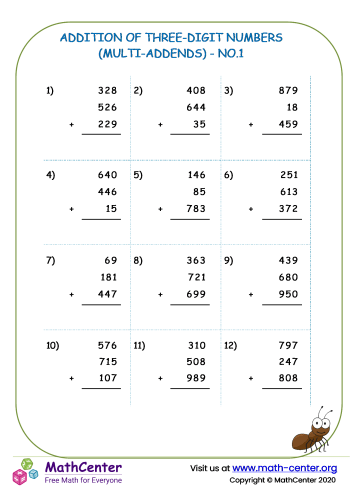 Addition of three-digit numbers (multi-addends ) - no.1