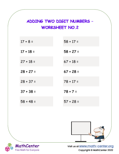 Adding two digit numbers - Worksheet No.2