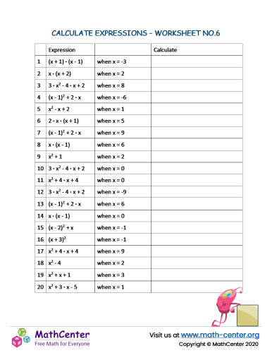 Calculate expressions - Worksheet no.6