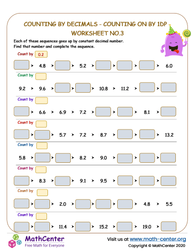 Counting by decimals - counting on by 1dp - worksheet no.3.docx