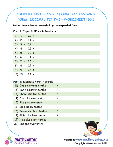 Converting Expanded Form to standard Form: Decimal Tenths Worksheet