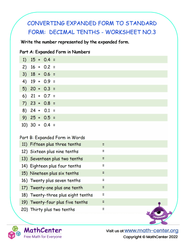 Converting Expanded Form to standard Form: Decimal Tenths Worksheet
