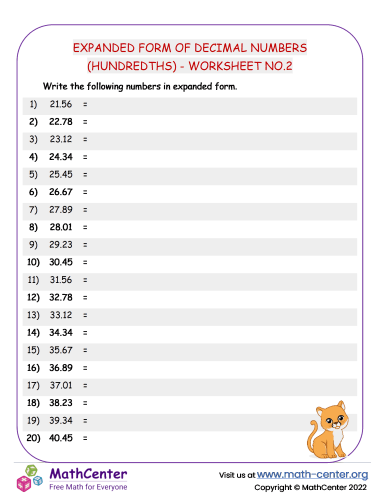 Expanded Form of Decimal Numbers (Hundredths) - Worksheet no.2