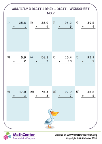 Multiply 3 digit 1 dp by 1 digit - worksheet no.2