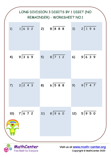 Long division 3 digits by 1 digit (no remainder) - worksheet no.1