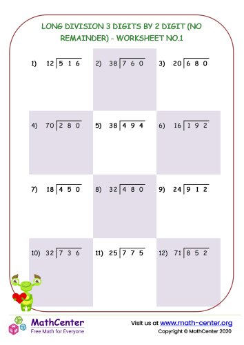 Long division 3 digits by 2 digit (no remainder) - worksheet no.1