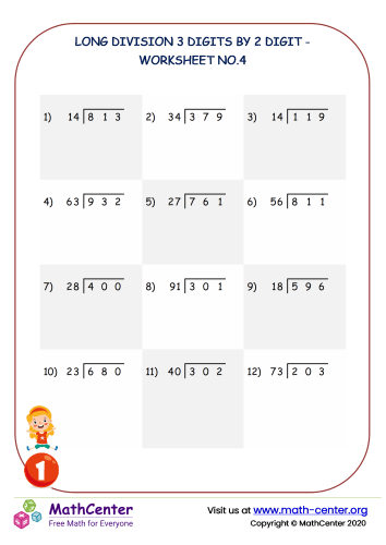 Long division 3 digits by 2 digit - worksheet no.4