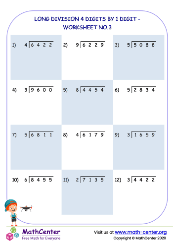Long division 4 digits by 1 digit - worksheet no.3