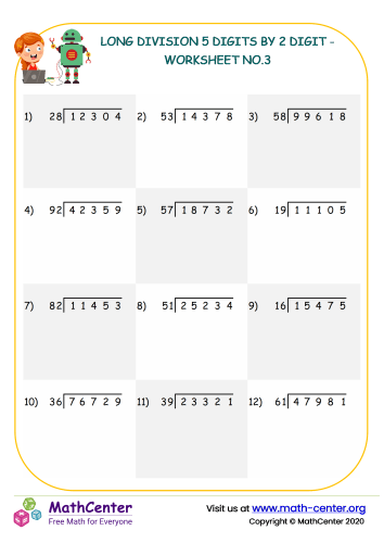 Long division 5 digits by 2 digit - worksheet no.3