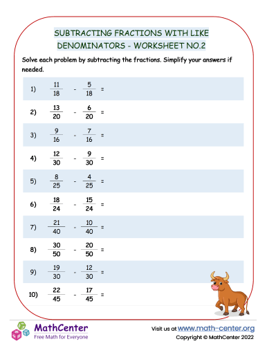 Subtracting Fractions with Like Denominators - Worksheet no.2