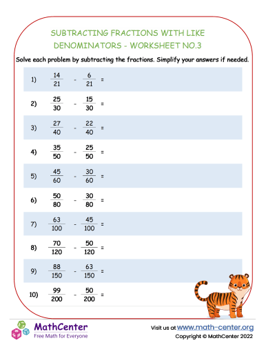 Subtracting Fractions with Like Denominators - Worksheet no.3