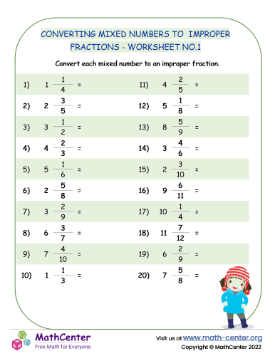 Converting Mixed Numbers to Improper Fractions - Worksheet no.1
