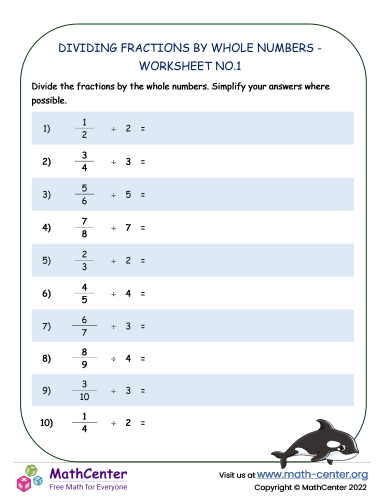 Dividing Fractions by Whole Numbers - Worksheet no.1