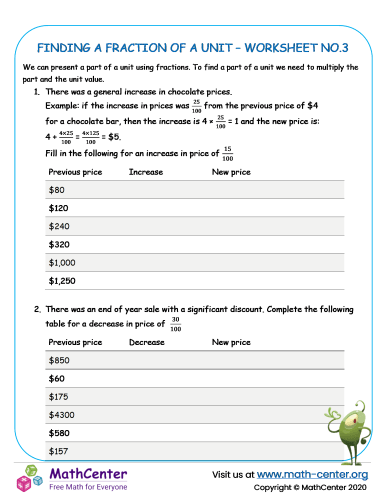Finding a fraction of a unit - worksheet 3