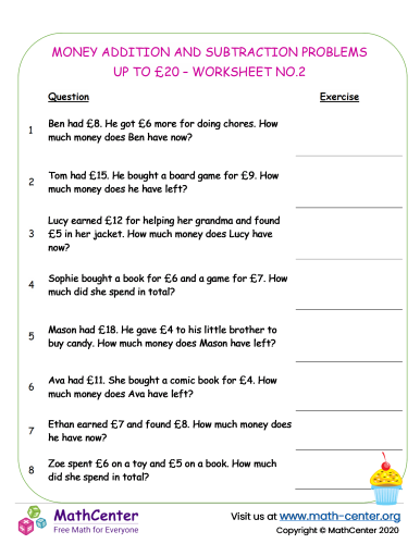 Money Addition and subtraction problems up to 20 - worksheet No.2