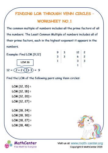 Finding Least Common Multiple through Venn Circles - Worksheet No.1