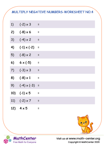Multiply negative numbers - worksheet no.4