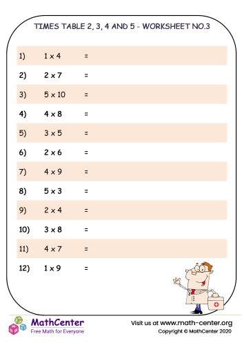 Times table 2, 3, 4 and 5 - worksheet no.3