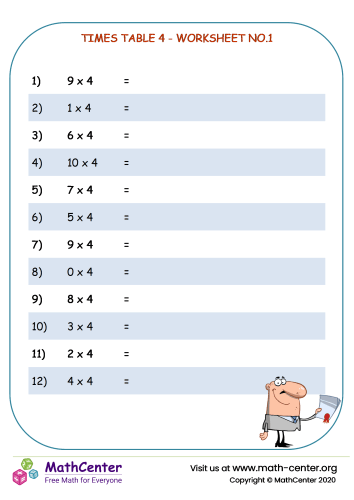 Times table 4 - worksheet no.1