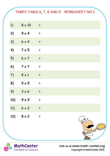 Times Table 6 7 8 And 9 Worksheet No 3 Worksheets Math Center