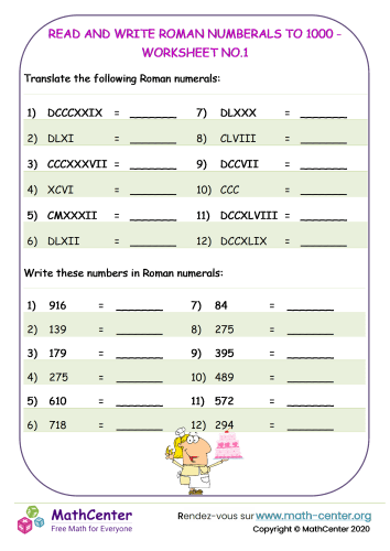 Read and write Roman Numerals to 1000 - worksheet no.1