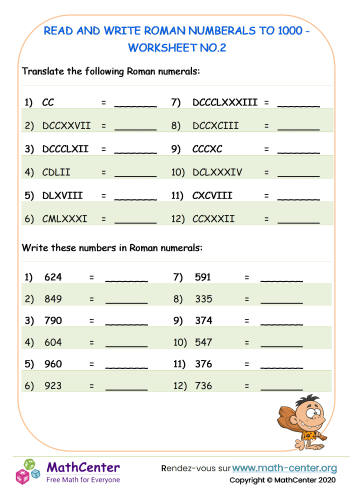 Read and write Roman Numerals to 1000 - worksheet no.2