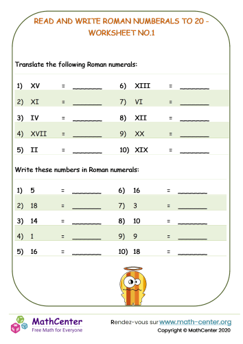 Read and write Roman Numerals to 20 - worksheet no.1