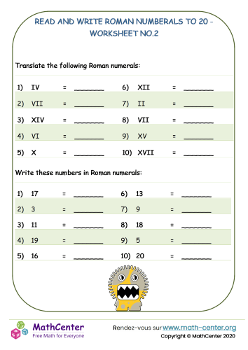 Read and write Roman Numerals to 20 - worksheet no.2