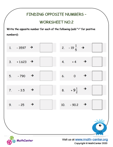 Finding Opposite Numbers - worksheet no.2