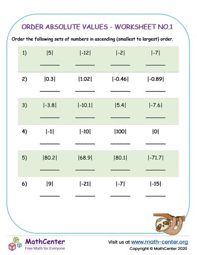 Order Absolute Values - Worksheet no.1