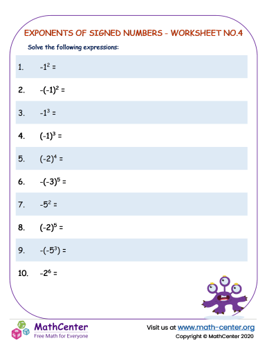 Exponents of Signed Numbers - Worksheet no.4