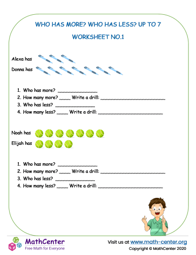 Who Has More Who Has Less Up To 7 – Worksheet No.1