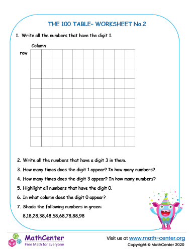 The 100 Table – Worksheet No.2