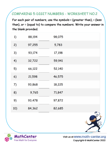 Comparing 5-digit numbers - worksheet no.2