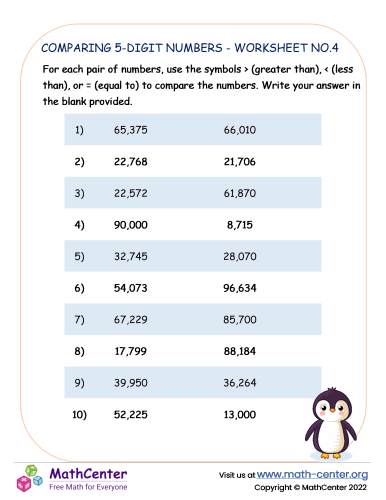 Comparing 5-digit numbers - worksheet no.4