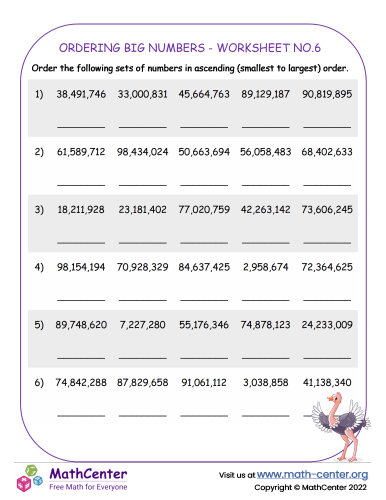 Ordering big numbers - worksheet no.6
