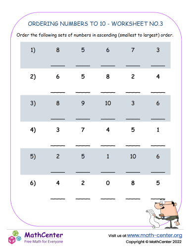 Ordering Numbers To 10 - Worksheet No.3