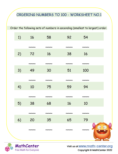 Ordering Numbers To 100 - Worksheet No.1
