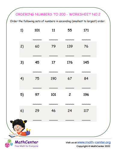 Ordering Numbers To 200 - Worksheet No.2