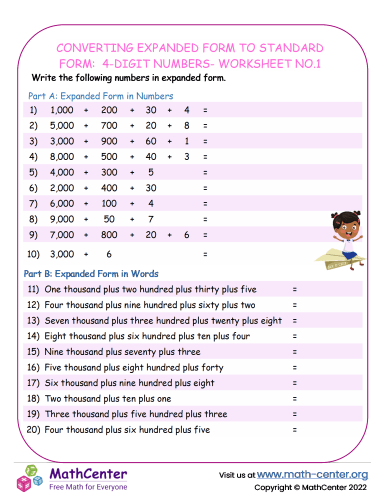 Converting Expanded Form to standard Form: 4-Digit Numbers - Worksheet ...