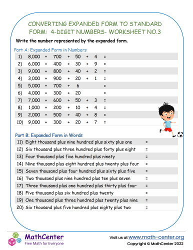 Converting Expanded Form to standard Form: 4-Digit Numbers - Worksheet no.3